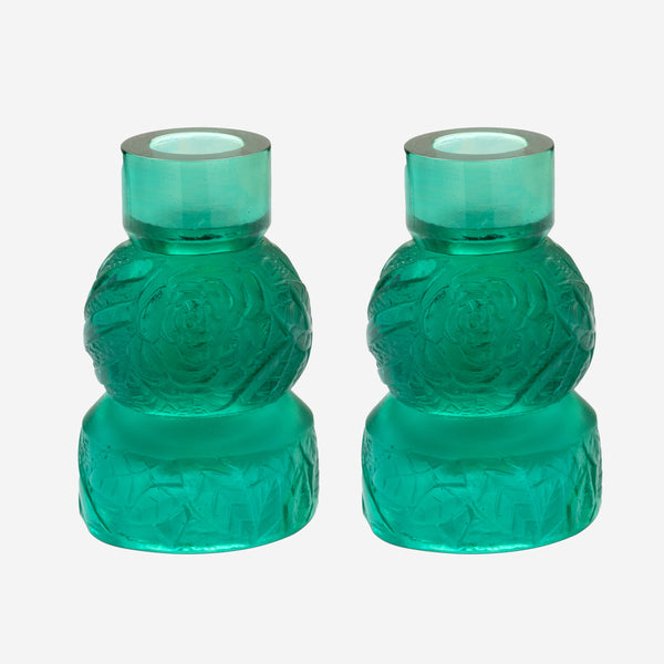 Daum Empreinte Green Crystal Set of 2 Candle Holders 05589-1/P