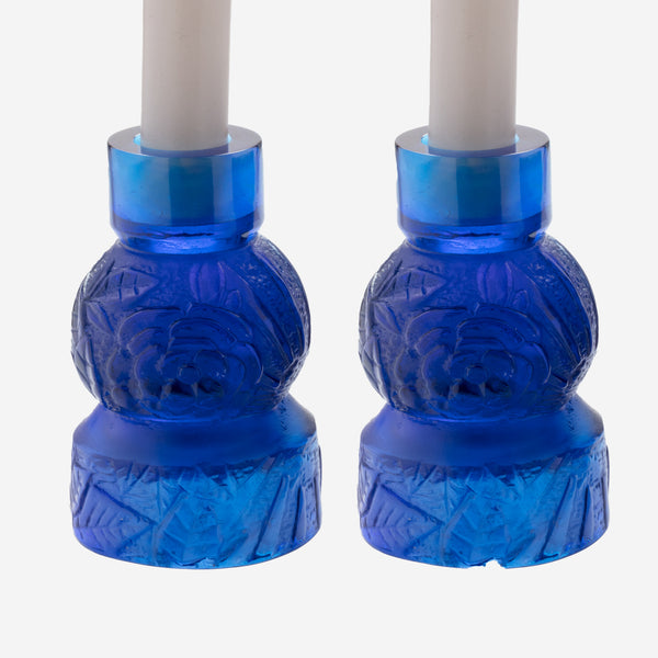 Daum Empreinte Blue Crystal Set of 2 Candle Holders 05589/P