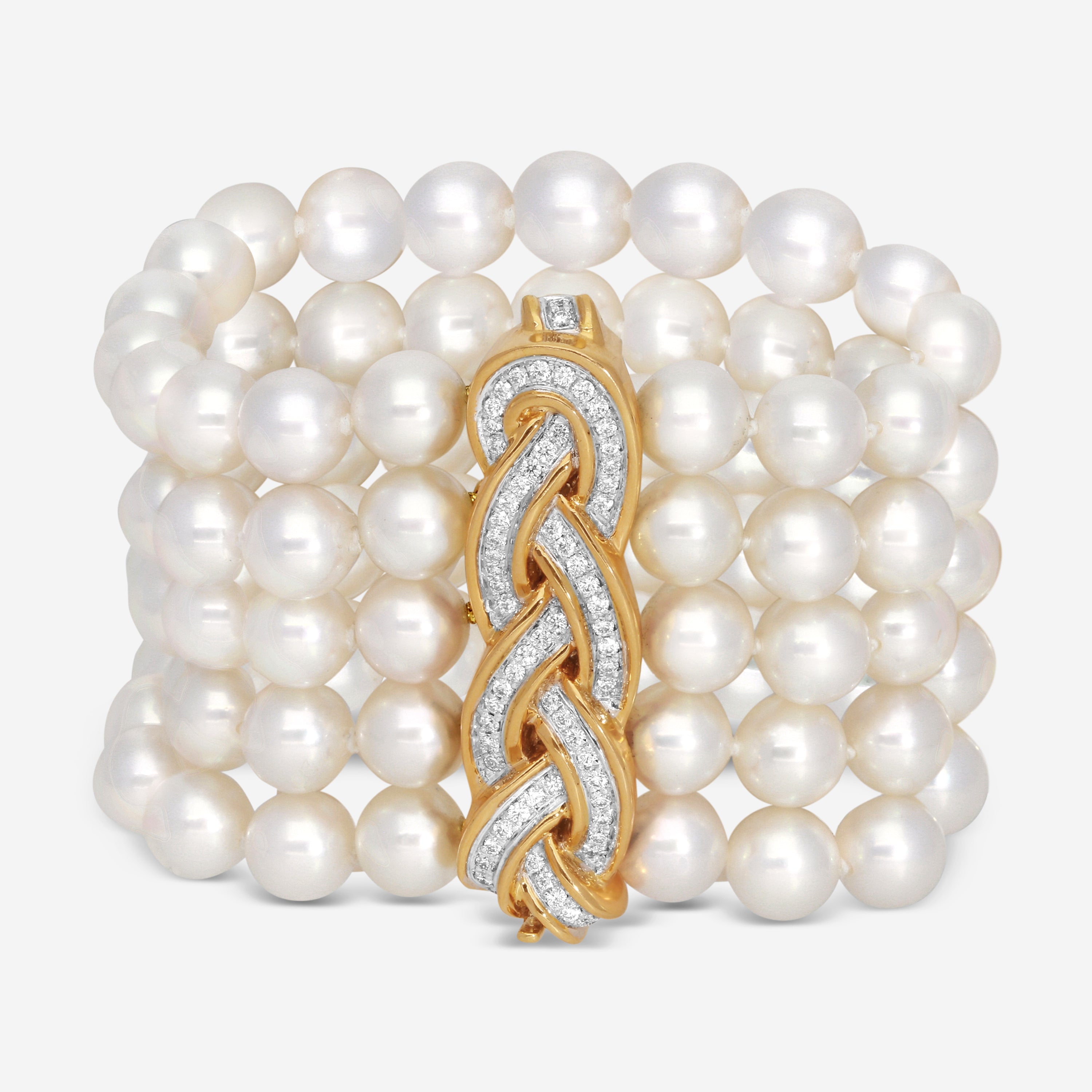 Assael 18K Yellow Gold Pave Woven Five Row Japanese Akoya Cultured Pearl Bracelet ACB0007 - THE SOLIST