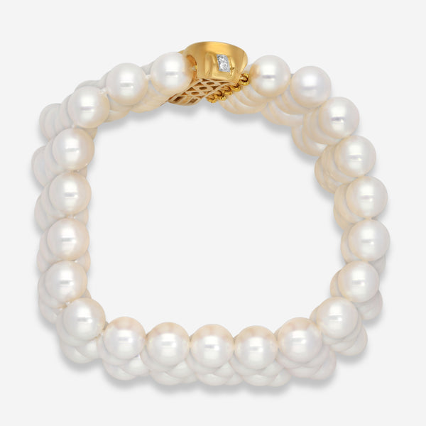 Assael 18K Yellow Gold Pave Woven Five Row Japanese Akoya Cultured Pearl Bracelet ACB0007