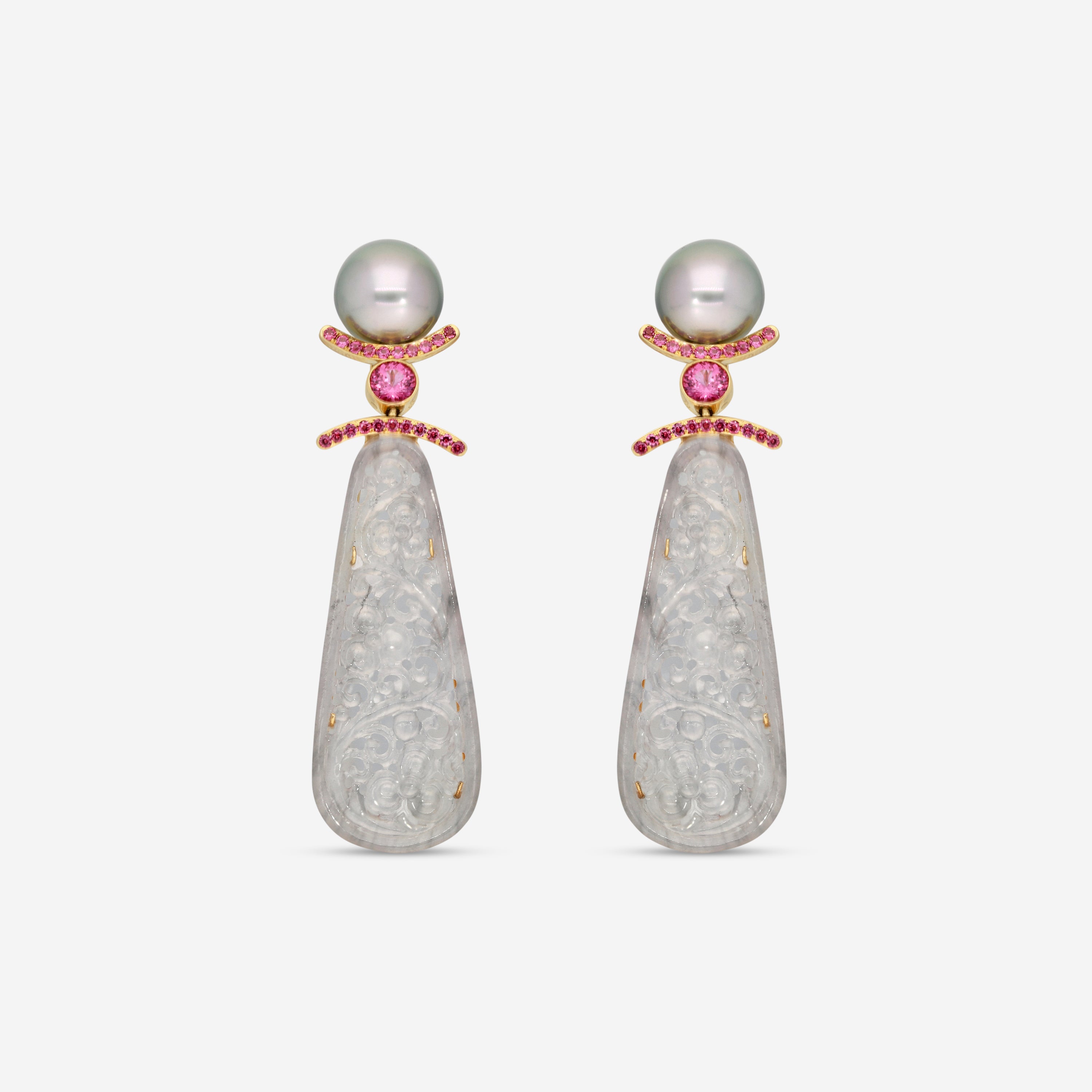 Assael 18K Yellow Gold Grey Jadeite, Rhodolite & Tahitian Natural Cultured Pearl Earrings ECO-TJD0002 - THE SOLIST