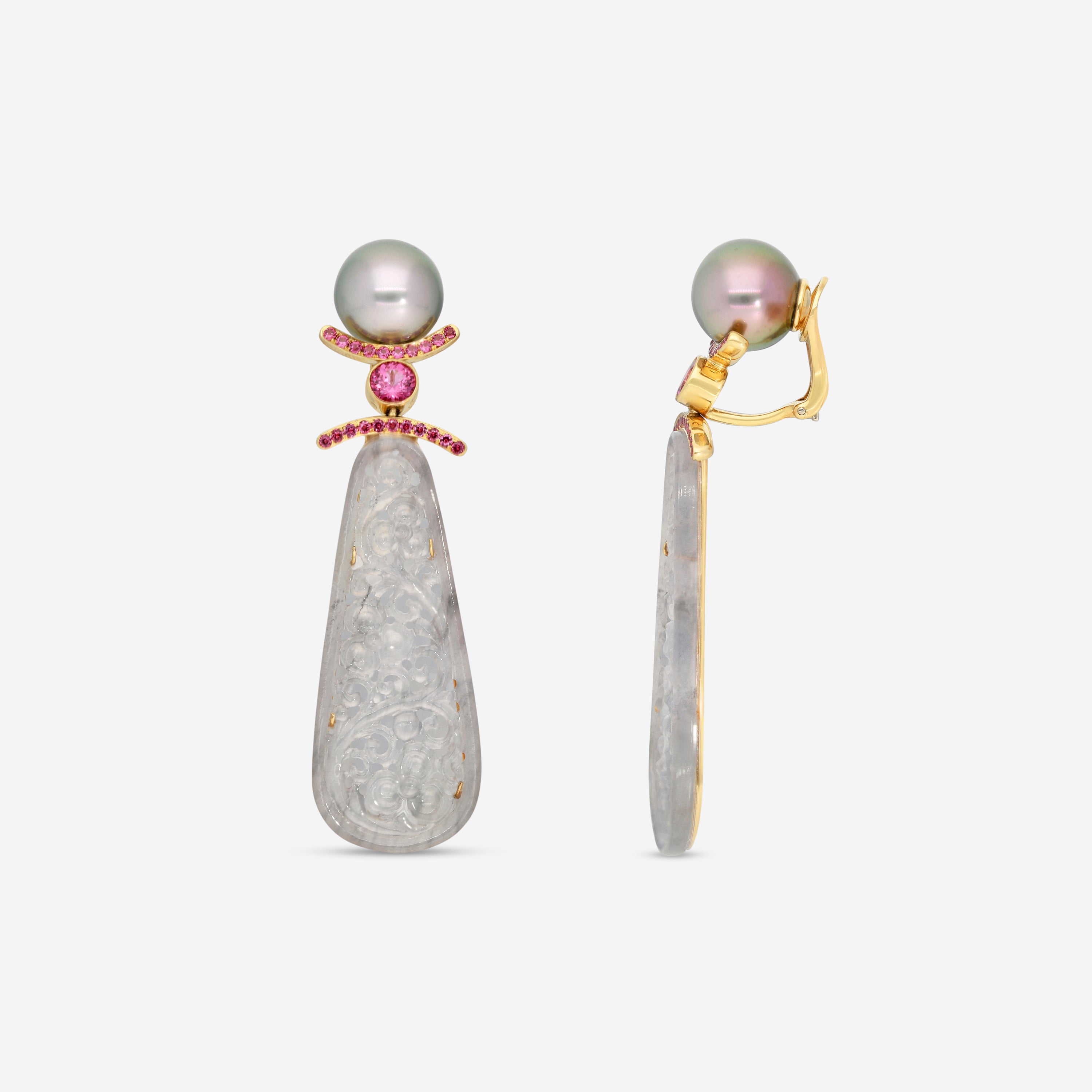 Assael 18K Yellow Gold Grey Jadeite, Rhodolite & Tahitian Natural Cultured Pearl Earrings ECO-TJD0002 - THE SOLIST