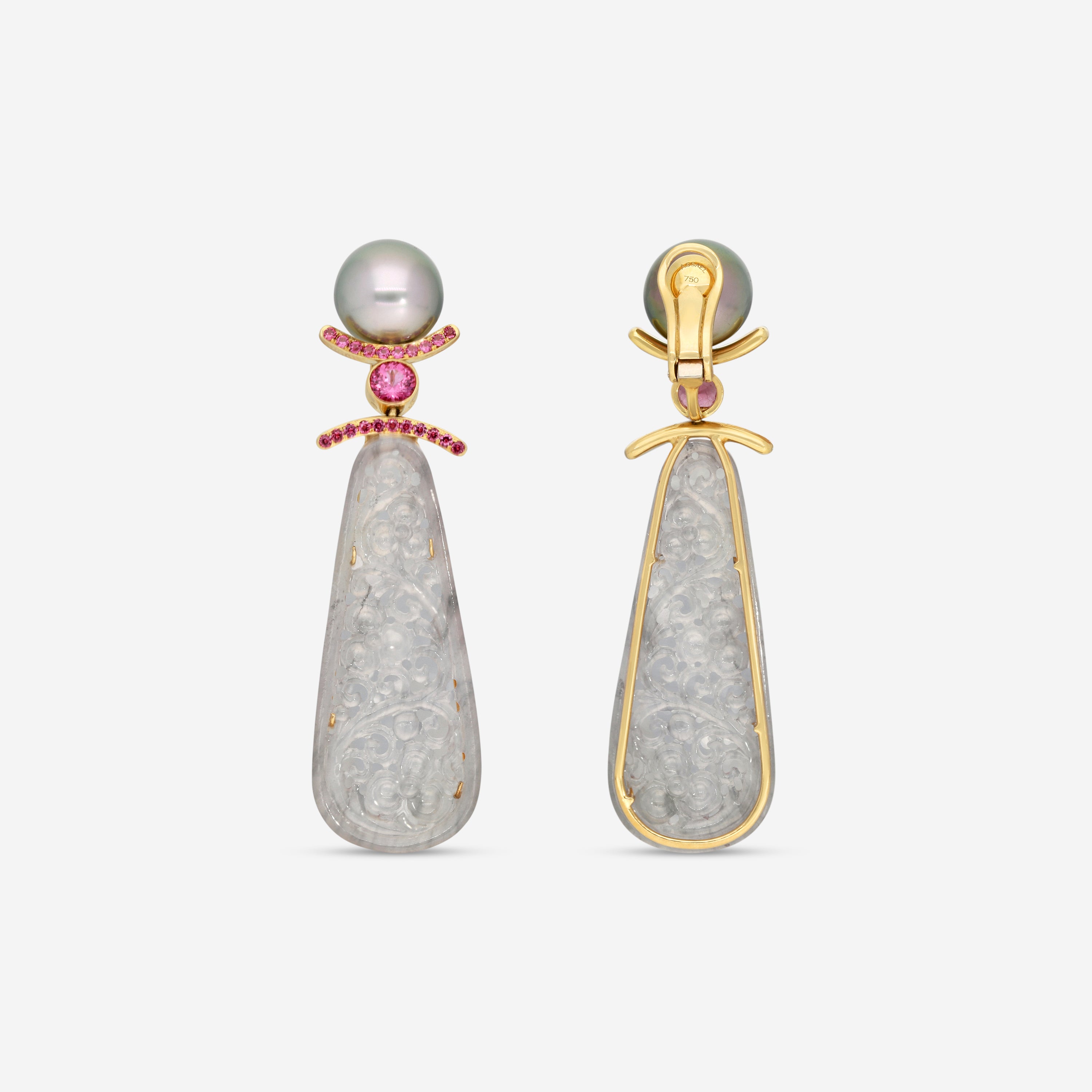 Assael 18K Yellow Gold Grey Jadeite, Rhodolite & Tahitian Natural Cultured Pearl Earrings ECO-TJD0002 - THE SOLIST