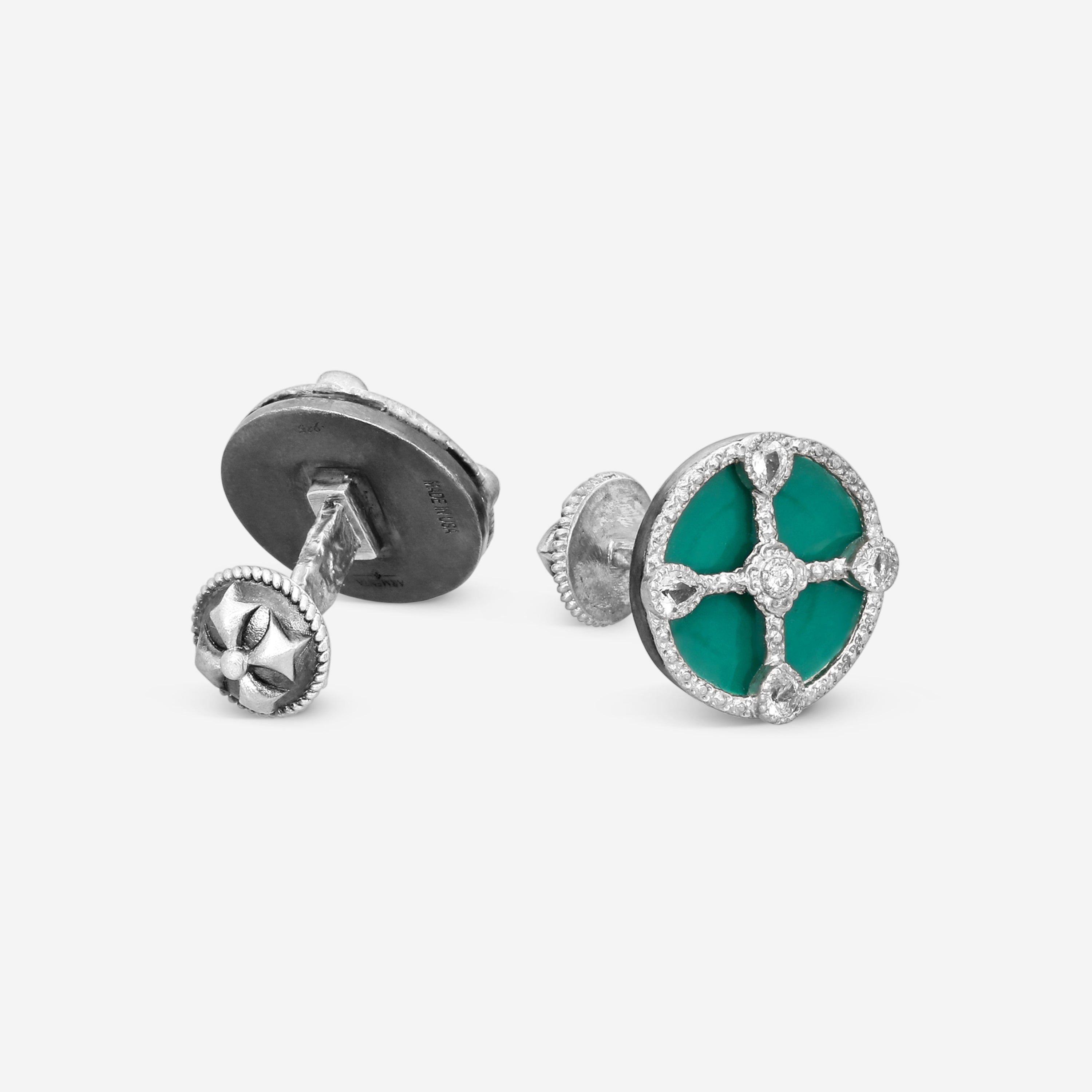 Armenta Romero Grey Sterling Silver & Green Enamel Diamond & White Sapphire Cufflinks 20862