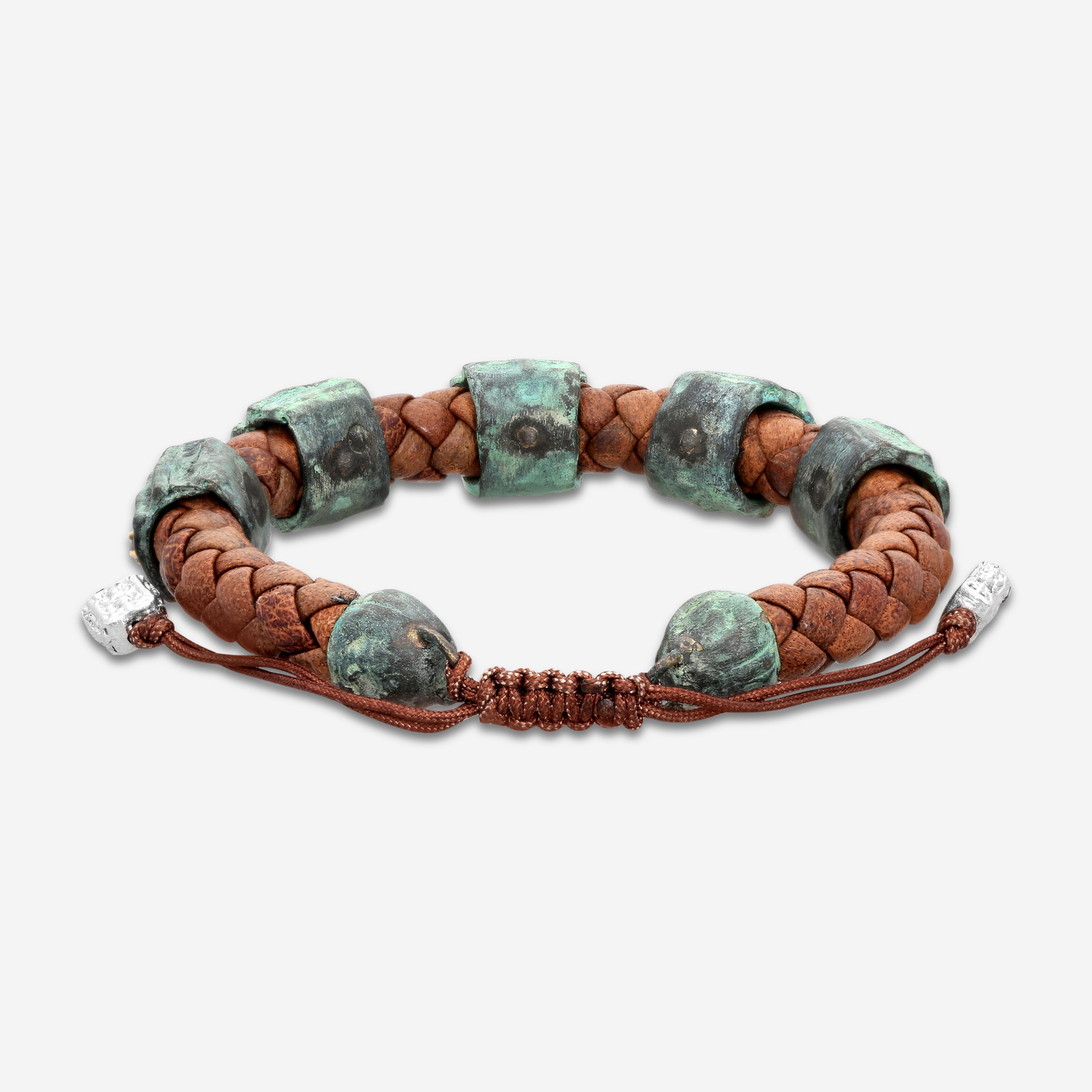 Armenta Romero 18K Yellow Gold, Grey Sterling Silver, Teal Patina & Brown Leather Grey Diamond Cord Bracelet 21232