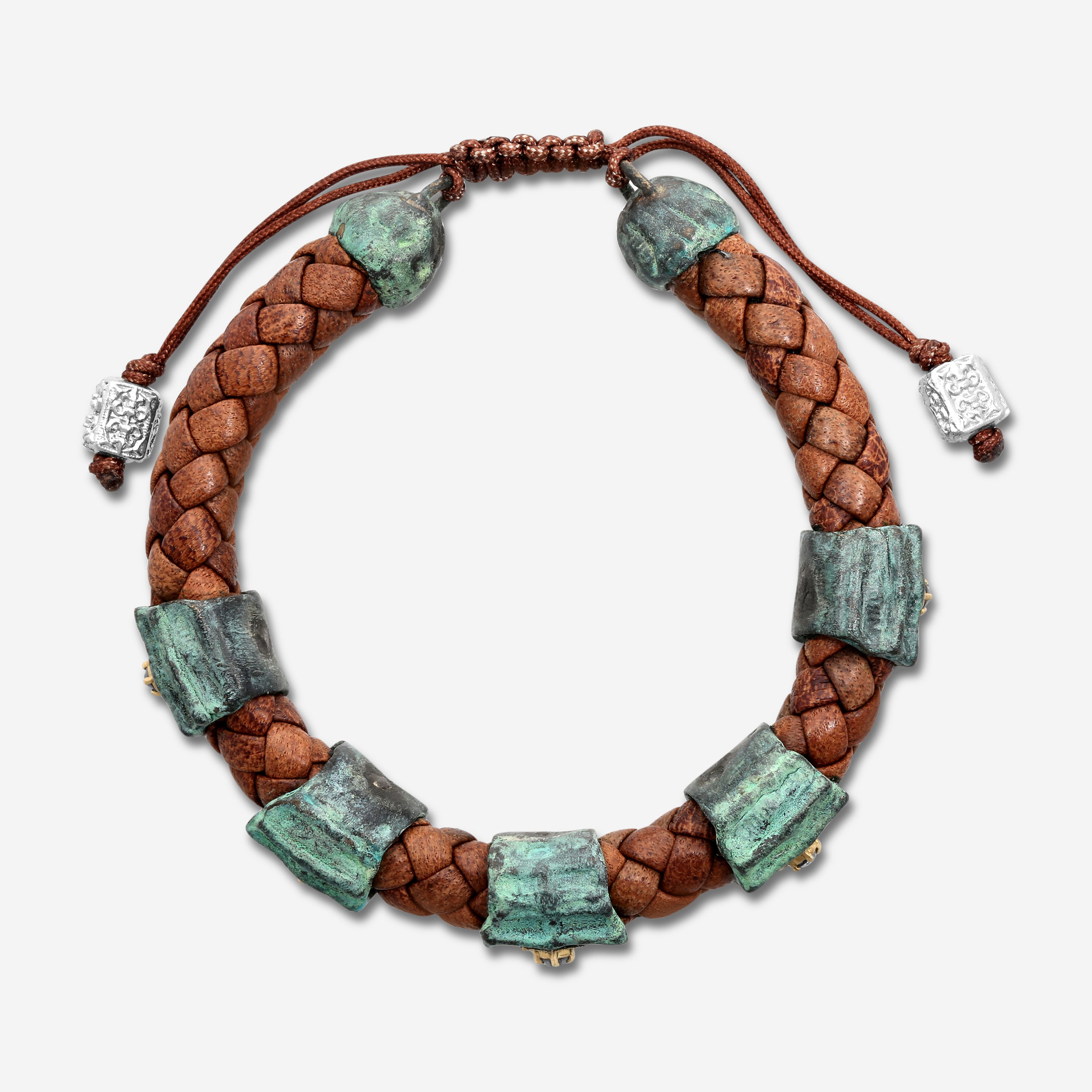 Armenta Romero 18K Yellow Gold, Grey Sterling Silver, Teal Patina & Brown Leather Grey Diamond Cord Bracelet 21232