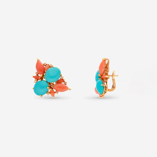 Zydo 18K Yellow Gold Diamond Coral and Turquoise Earrings FE966