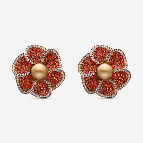Assael 18K Yellow Gold, Golden South Sea Cultured Pearl, Orange Sapphire 5.19 ct. tw. and Diamond 1.03ct. tw. Flower Earrings AFE0005 - THE SOLIST