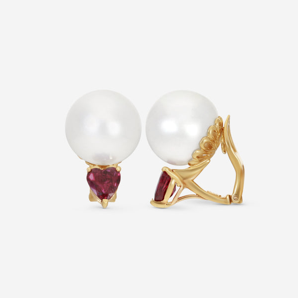 Assael 18K Yellow Gold Akoya Pearl & Heart Shaped Ruby Earrings E2956
