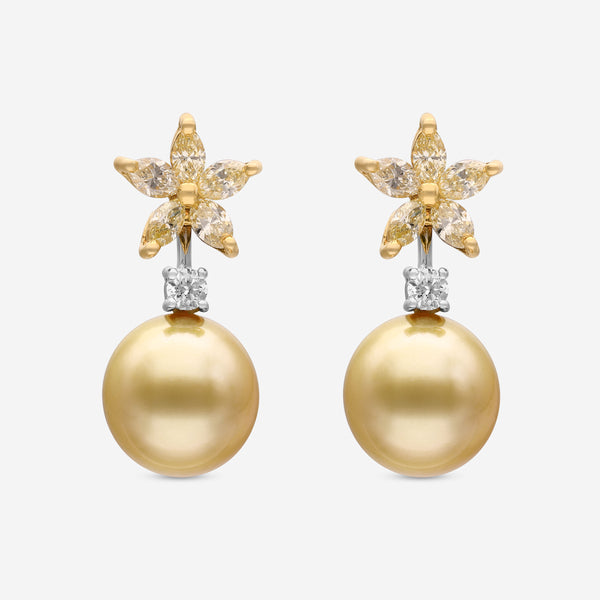 Assael 18K White Gold and 18k Yellow Gold, Yellow Diamond 0.99ct. tw. and Golden South Sea Pearl Drop Earrings E6085 - THE SOLIST