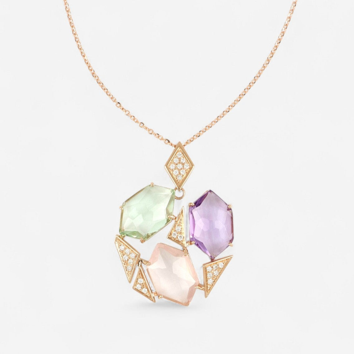 TAVANTI - 18KT Rose Gold, Green Amethyst, Amethyst,Pink Quartz Pendant ( Diamonds 0.22ctw G SI, Amethyst, Green Amethyst)-JF-82-2081F - 85
Necklace is 18