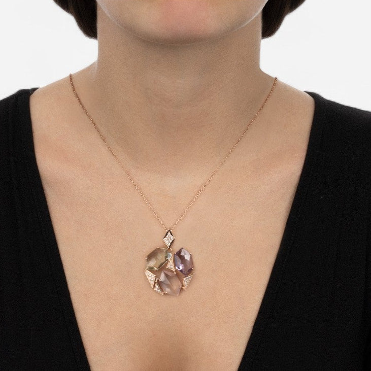 TAVANTI - 18KT Rose Gold, Green Amethyst, Amethyst,Pink Quartz Pendant ( Diamonds 0.22ctw G SI, Amethyst, Green Amethyst)-JF-82-2081F - 85
Necklace is 18