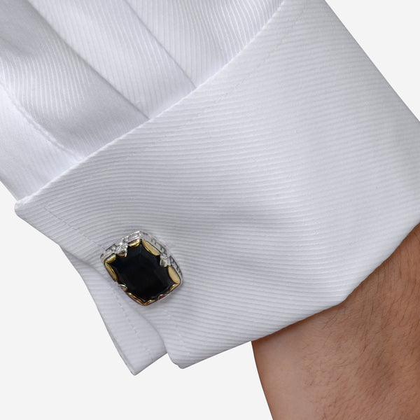Konstantino Sterling Silver and 18k Yellow Gold, Hawk's Eye Doublet Fixed Back Cufflinks MAKJ82-408-CUT - THE SOLIST