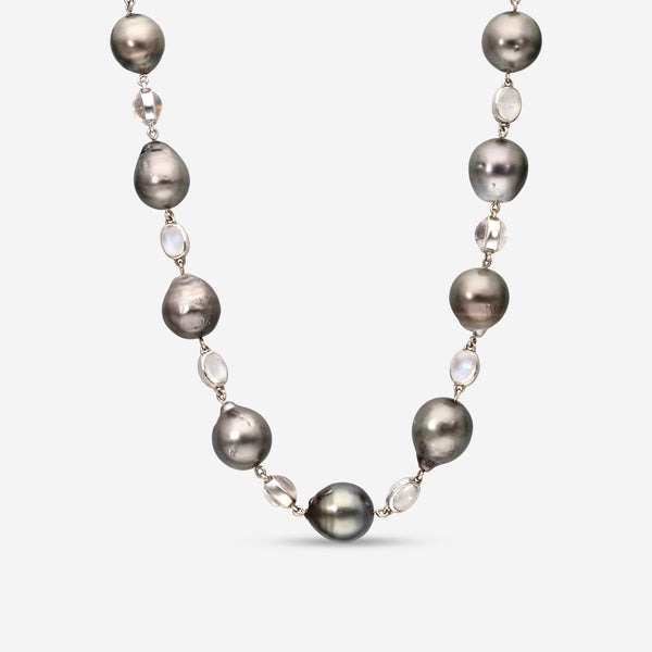 Assael 18K White Gold, Tahitian Natural Color Cultured Pearl and Moonstone Strand Necklace N4450 - THE SOLIST