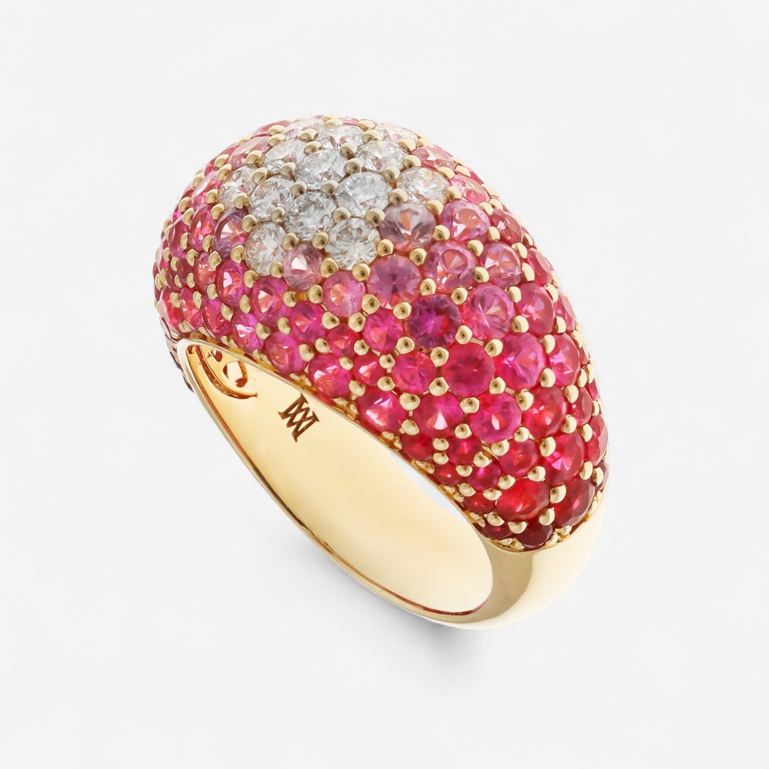 Alberto Milani Ombre 18K Yellow Gold Diamond, Pink Sapphire & Ruby Dome Ring Sz. 7 R0200E-7