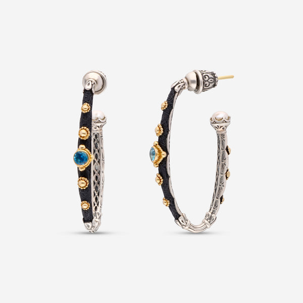 Konstantino Nemesis Sterling Silver and 18K Yellow Gold, London Blue Topaz and Pearl Earrings SKMK3124-317-CUT