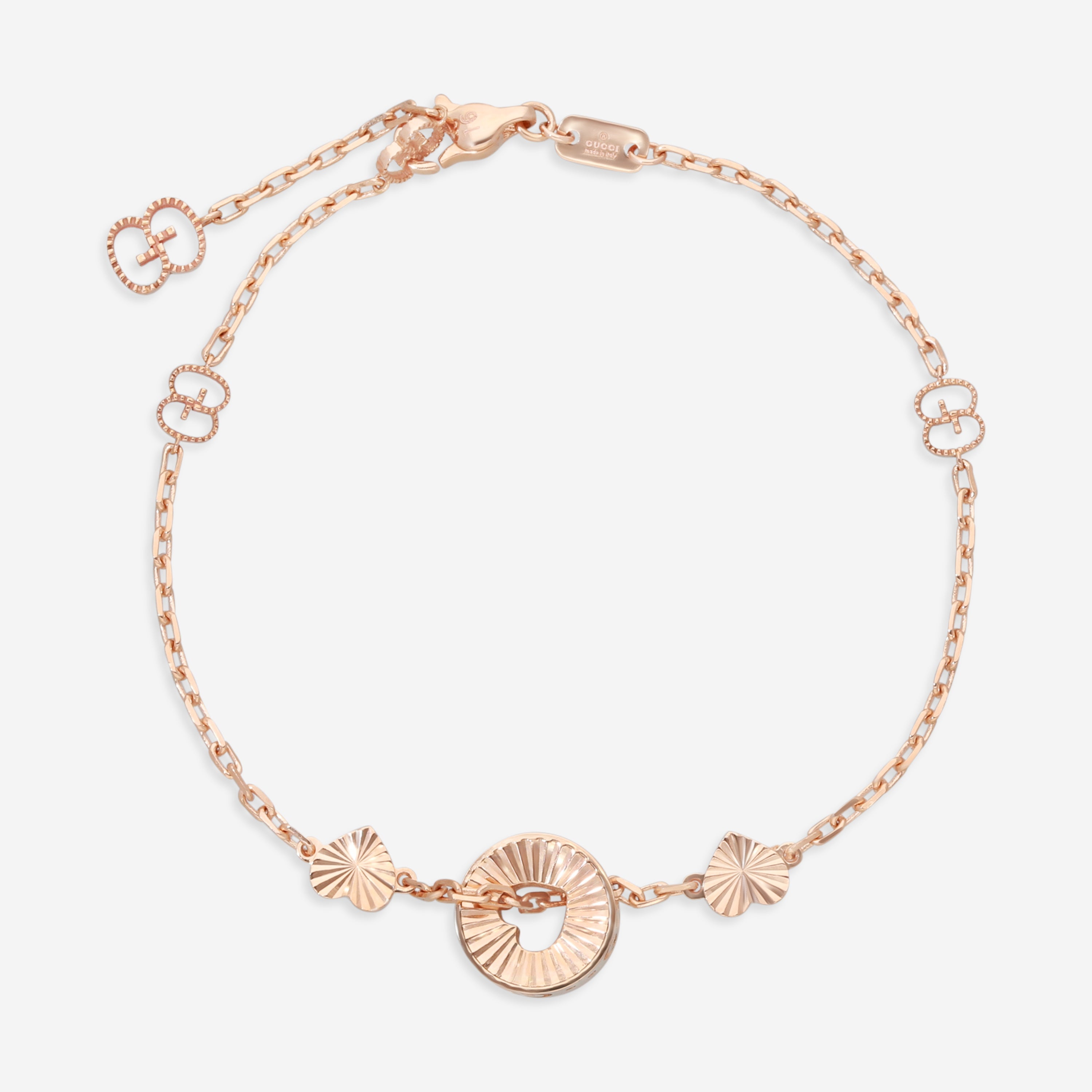 Gucci Heart Cut Out 18K Rose Gold Round Charm Bracelet YBA729383001016 MSRP $2,390 - THE SOLIST