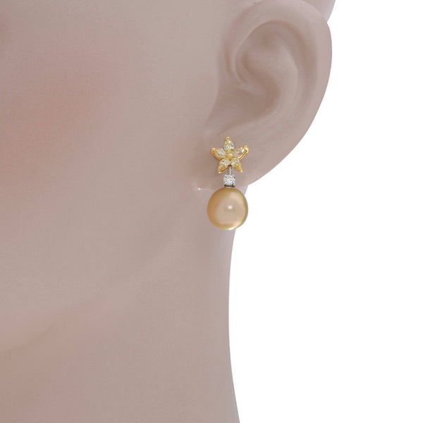 Assael 18K White Gold and 18k Yellow Gold, Yellow Diamond 0.99ct. tw. and Golden South Sea Pearl Drop Earrings E6085 - THE SOLIST