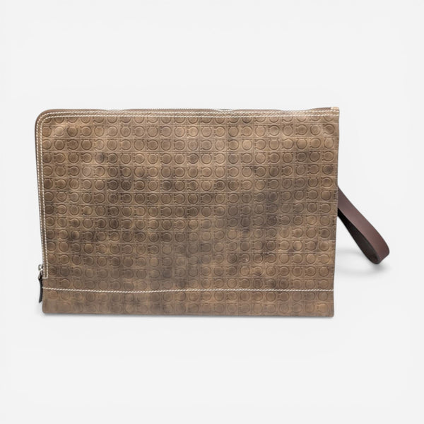 Salvatore Ferragamo 629960 Gancini Logo-Embossed Clutch Bag/Pouch Taupe MSRP$950 - THE SOLIST