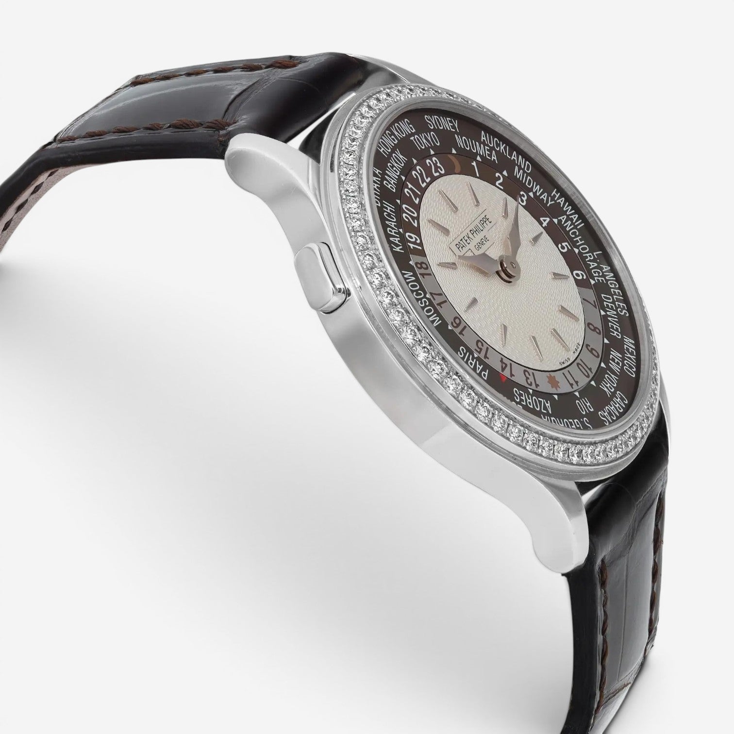 Patek Philippe World Time 18K White Gold Diamond Automatic Men's Watch 7130G-001