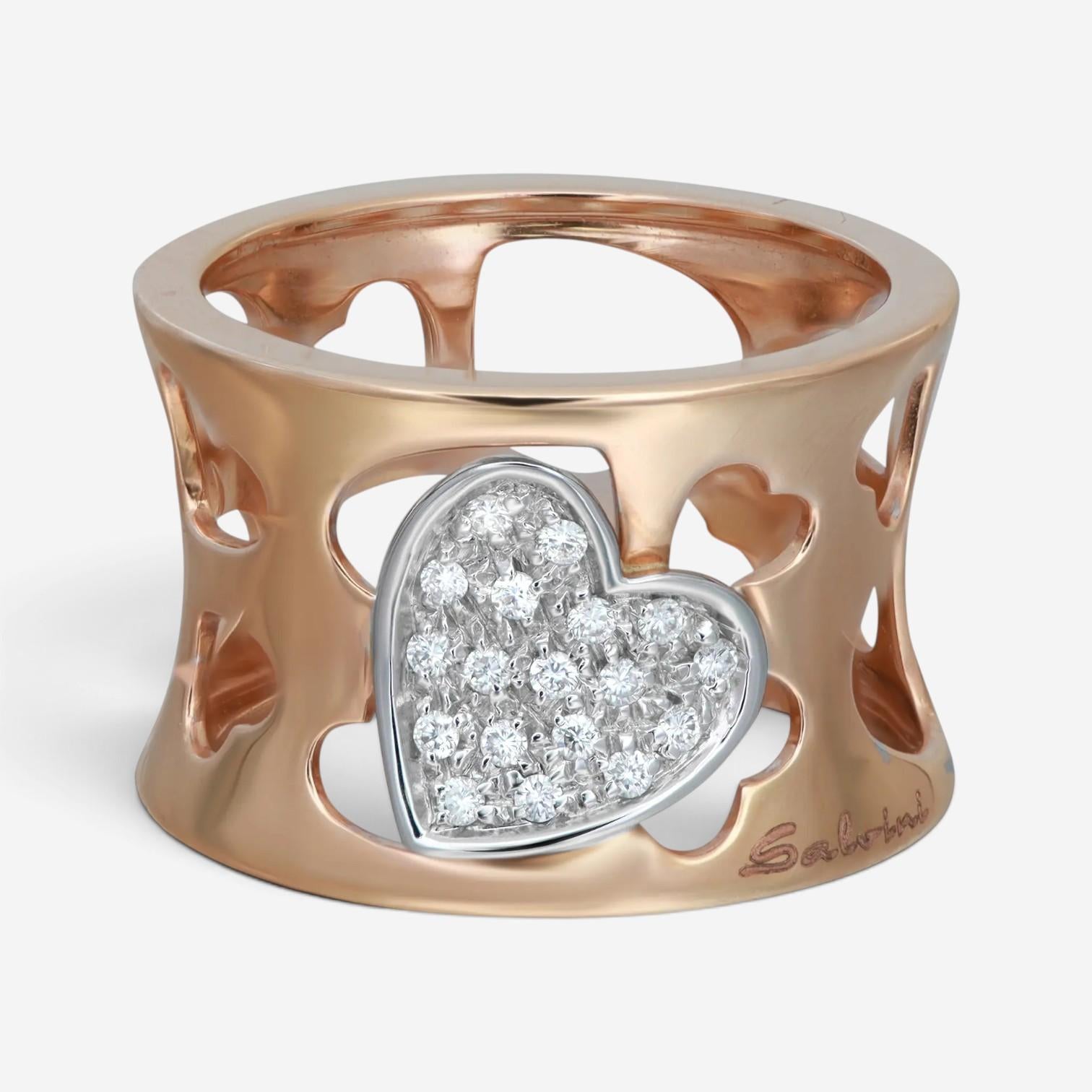 Salvini 18K Rose & White Gold Diamond Hearts Cut Out Wide Band Ring Sz. 7 044100