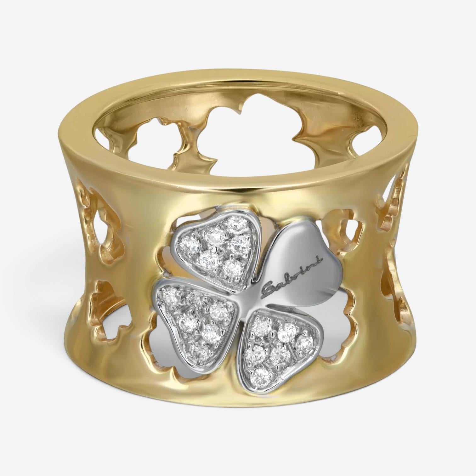 Salvini 18K Yellow & White Gold Diamond Floral Cut Out Wide Band Ring Sz. 7 0441