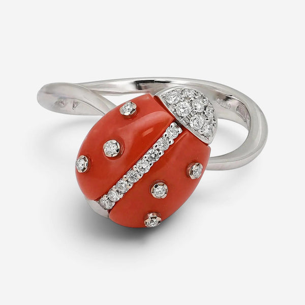 Giovanni Ferraris Ladybird 18K White Gold Coral & Diamond Ring Sz. 7.5 046950