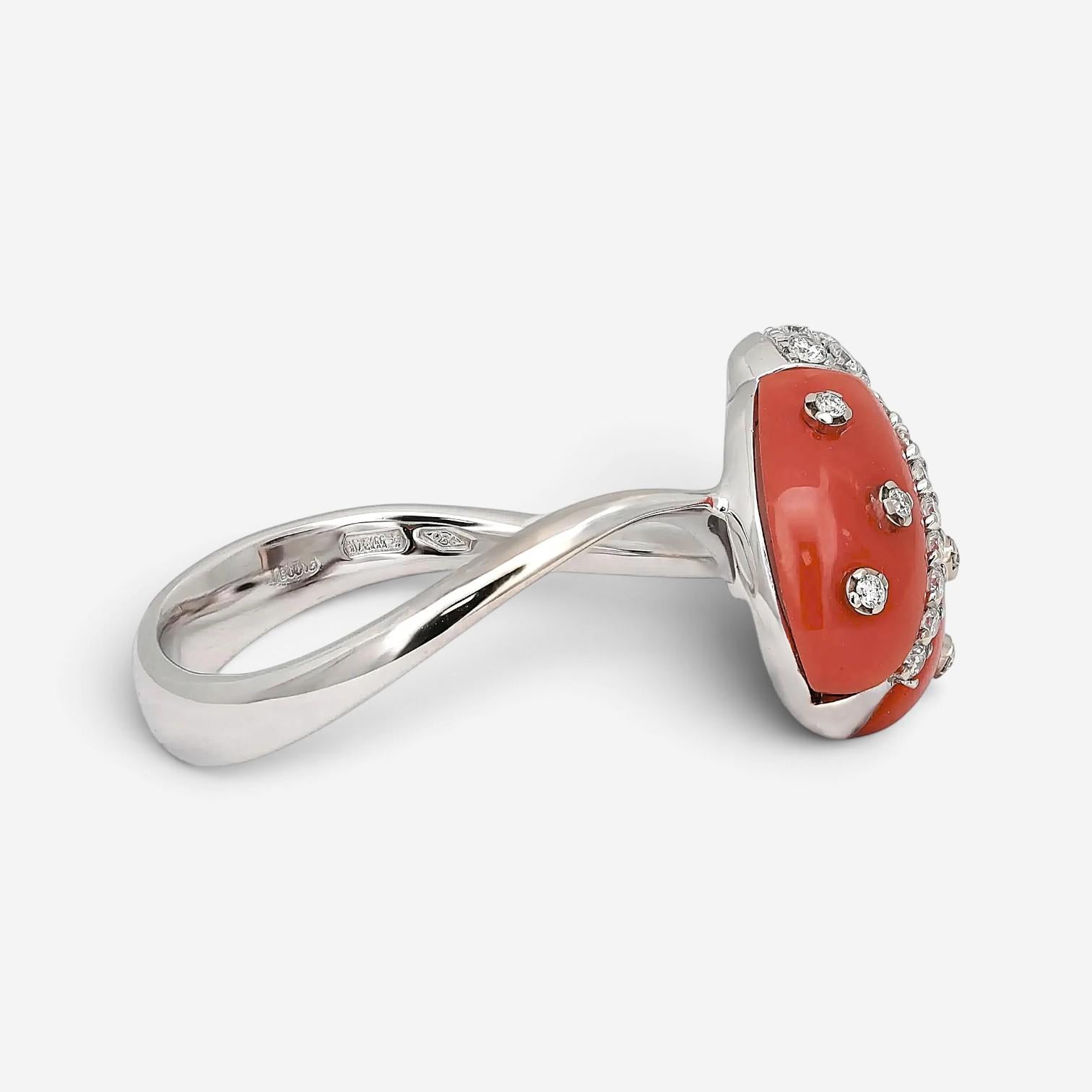 Giovanni Ferraris Ladybird 18K White Gold Coral & Diamond Ring Sz. 7.5 046950