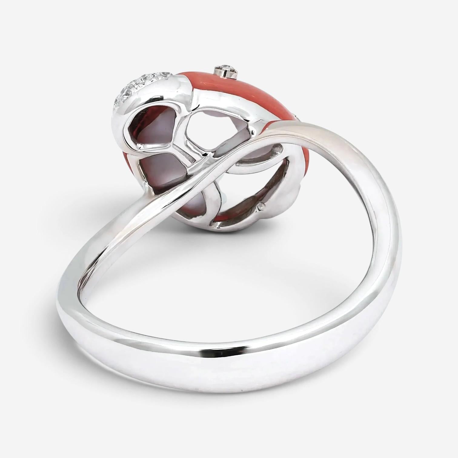 Giovanni Ferraris Ladybird 18K White Gold Coral & Diamond Ring Sz. 7.5 046950