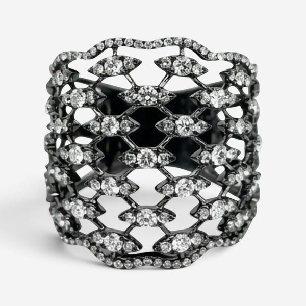 Crivelli Fascia Bombata Griffata 18K White Gold & Rhodium Diamond Ring Sz. 6 047