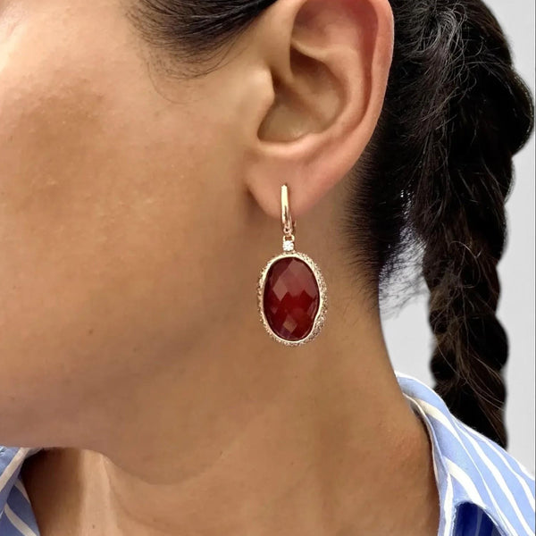 Crivelli Ruby Quartz 18K Yellow Gold Brown & White Diamond Drop Earrings 047126