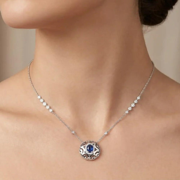 Crivelli Ricami Luci 18K White Gold Diamond & Blue Sapphire Pendant Necklace 047