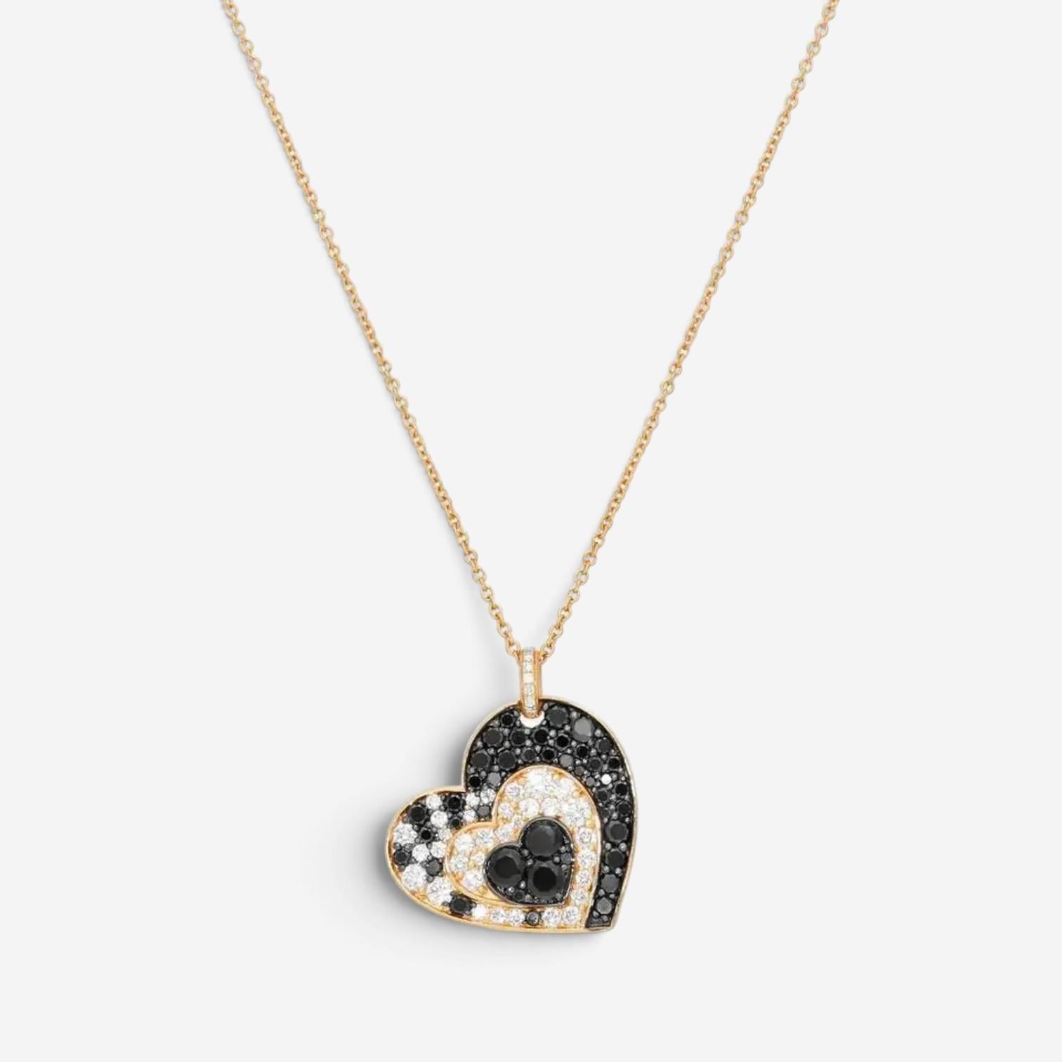 Crivelli Heart Crooked 18K Rose Gold Black & White Diamond Pendant Necklace 4713