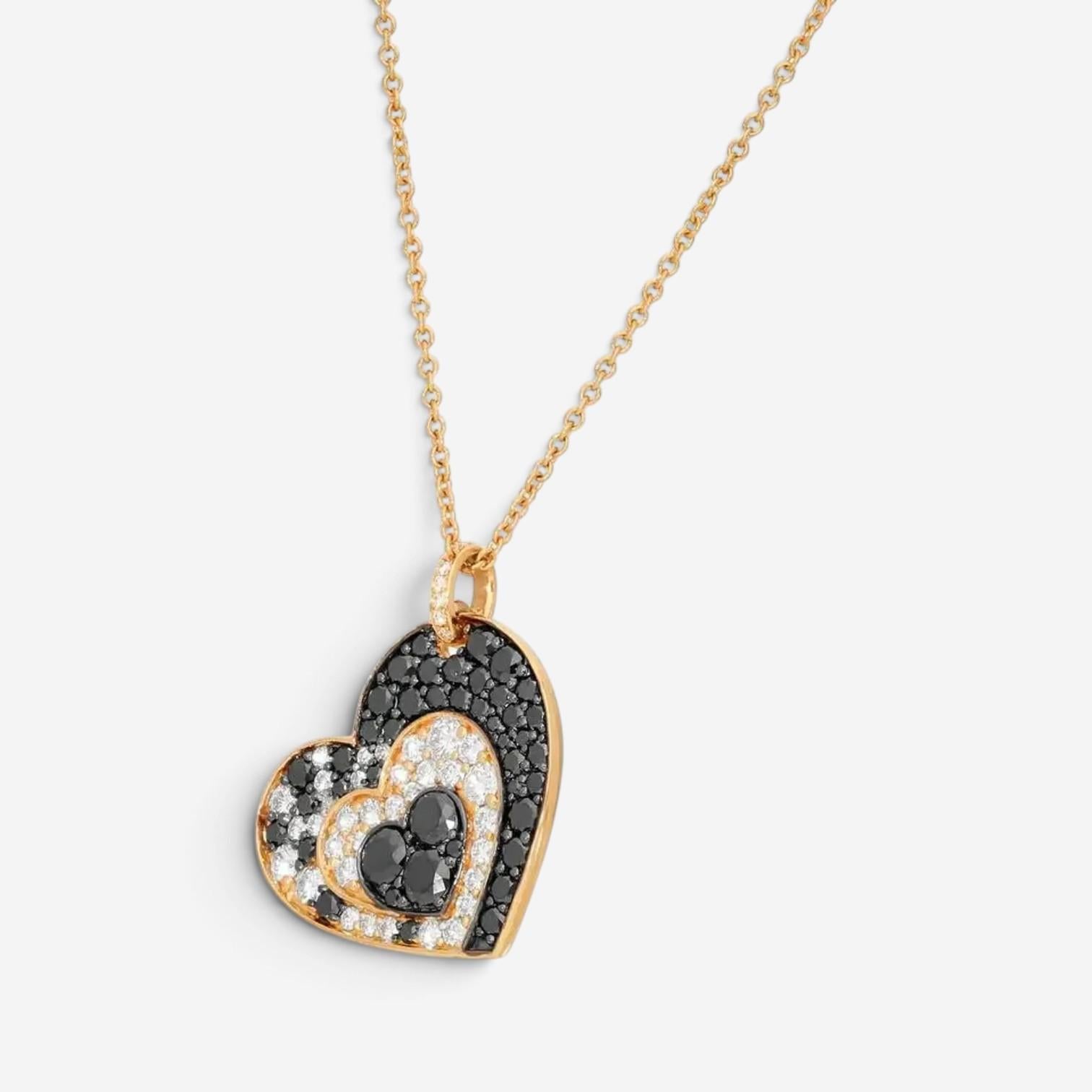 Crivelli Heart Crooked 18K Rose Gold Black & White Diamond Pendant Necklace 4713