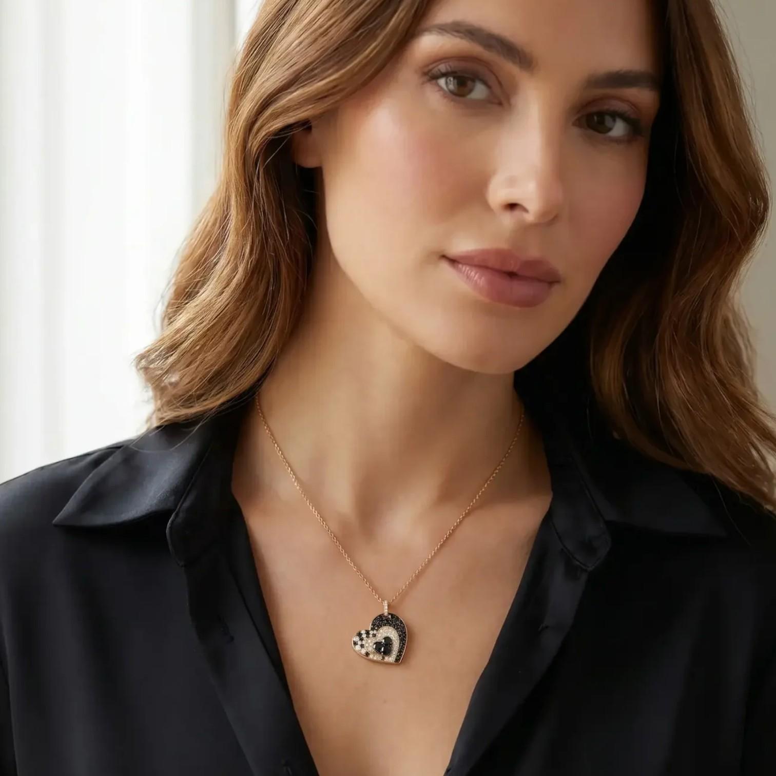 Crivelli Heart Crooked 18K Rose Gold Black & White Diamond Pendant Necklace 4713