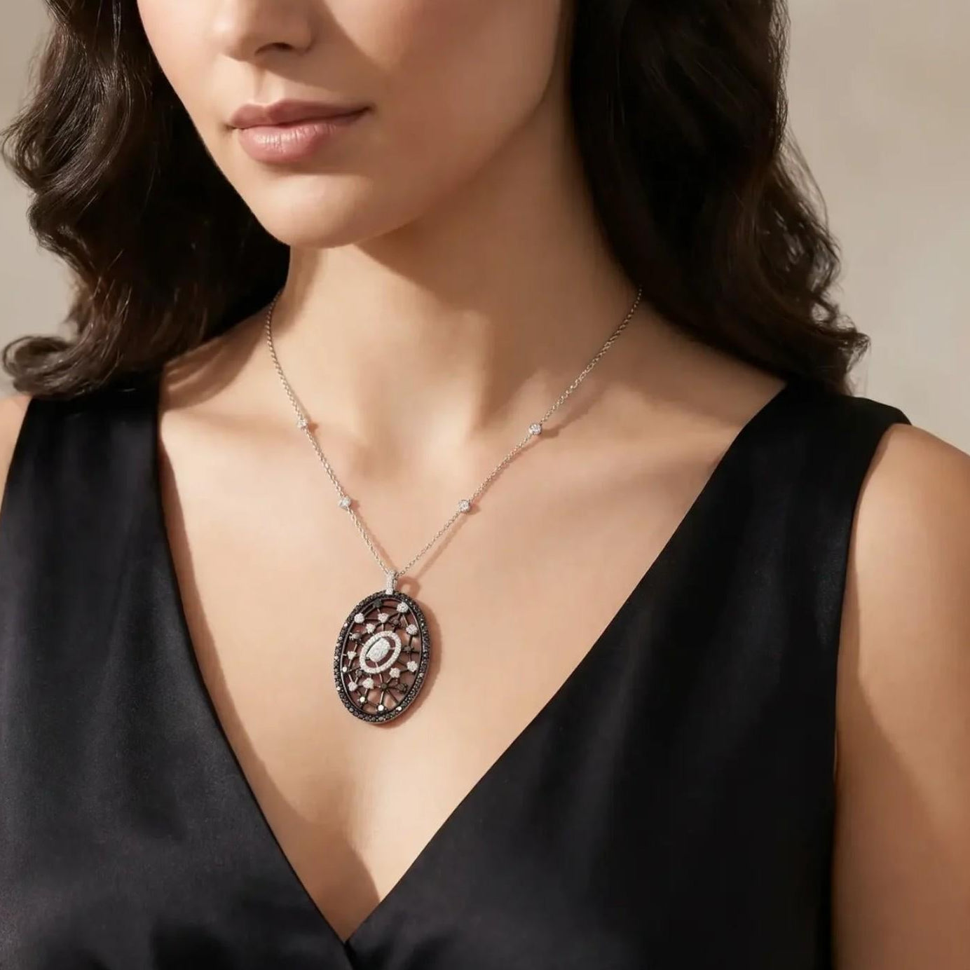 Crivelli Oval Griffe 18K White Gold Black & White Diamond Pendant Necklace 04713