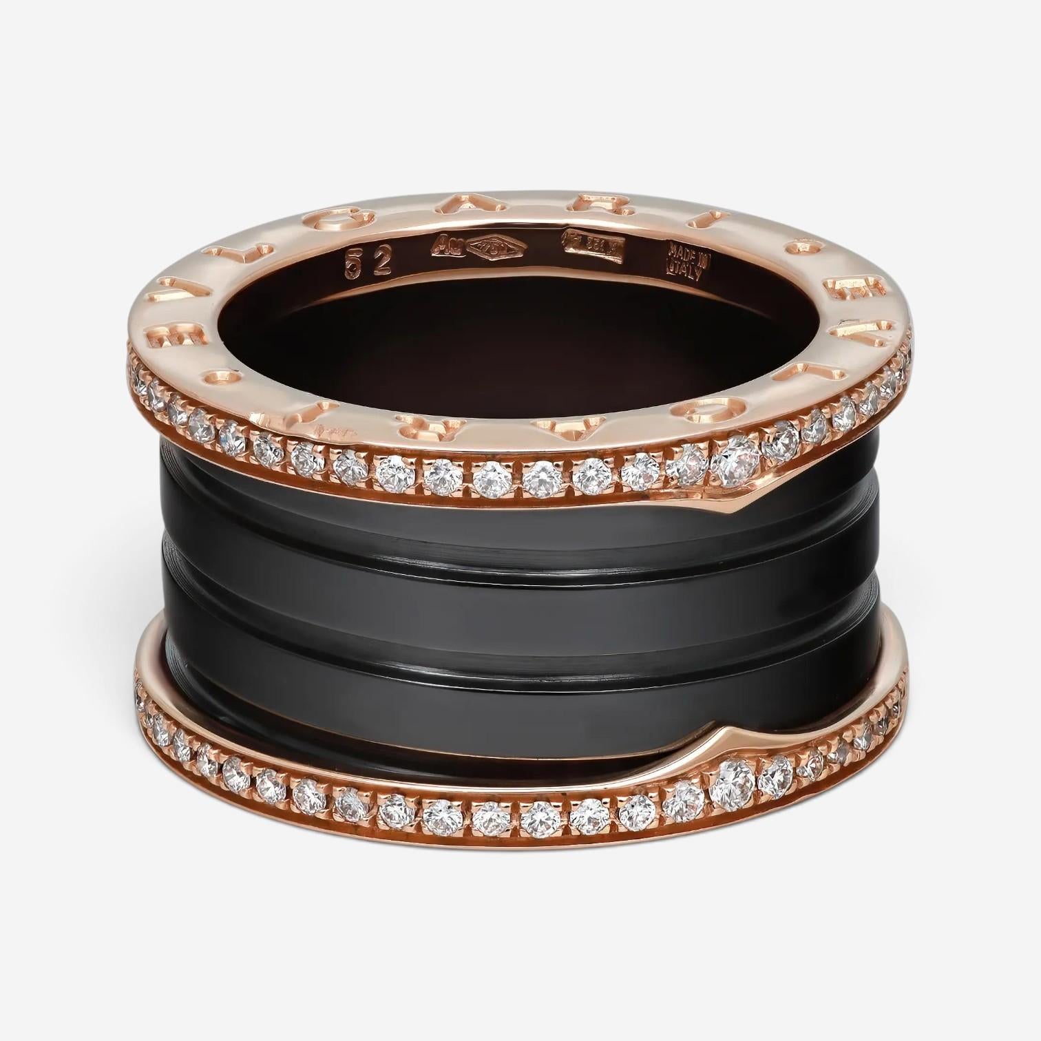 Bulgari B.Zero1 Black Ceramic & 18K Rose Gold Diamond Ring Sz. 7.5 04728
