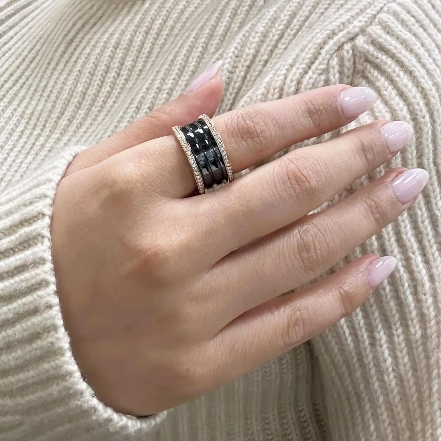 Bulgari B.Zero1 Black Ceramic & 18K Rose Gold Diamond Ring Sz. 7.5 04728