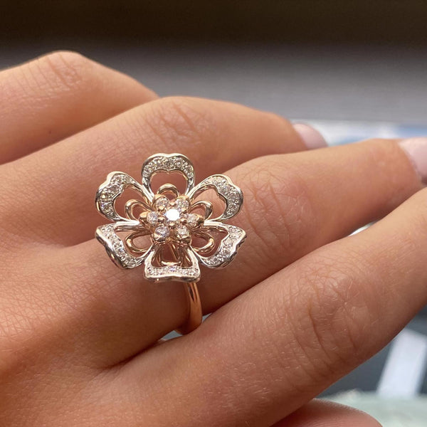 Luca Carati 18K Rose & White Gold Diamond Flower Cocktail Ring Sz. 7 048315