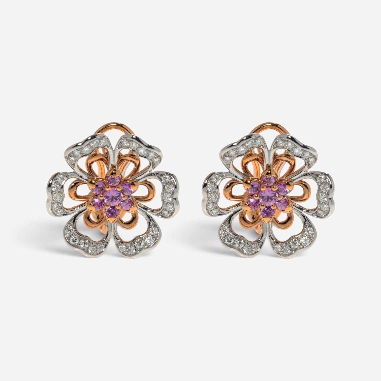 Luca Carati 18K Rose & White Gold Pink Sapphire & Diamond Flower Earrings 048319