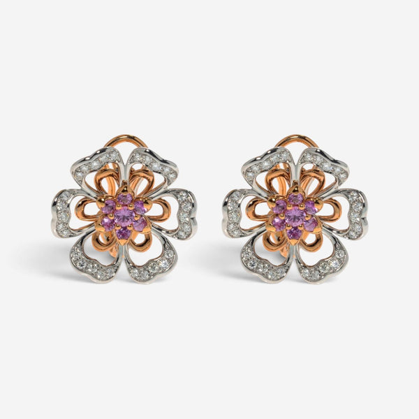 Luca Carati 18K Rose & White Gold Pink Sapphire & Diamond Flower Earrings 048319