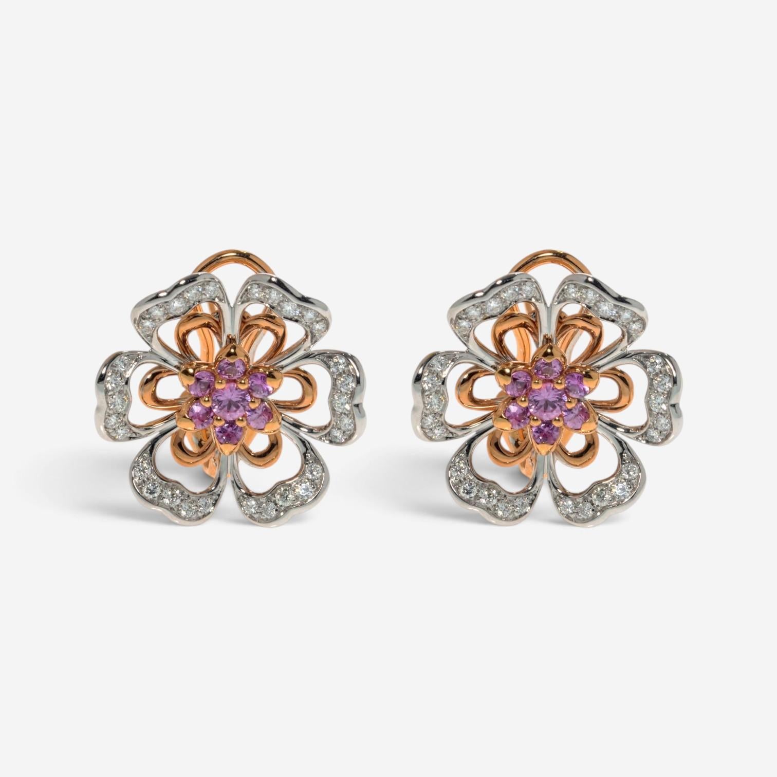 Luca Carati 18K Rose & White Gold Pink Sapphire & Diamond Flower Earrings 048319