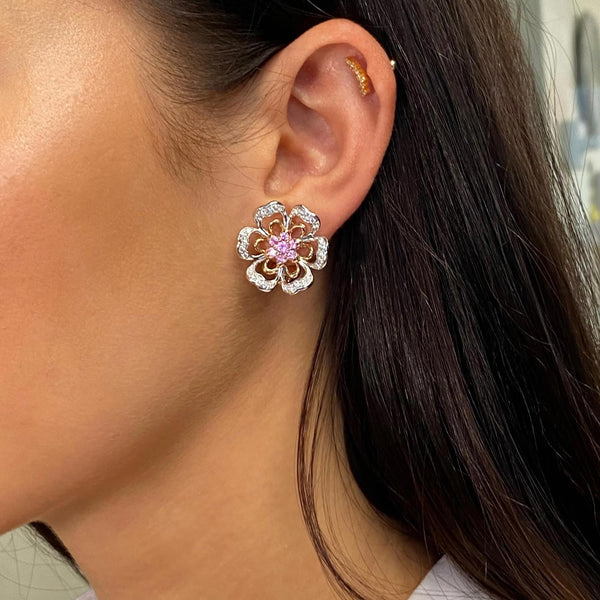 Luca Carati 18K Rose & White Gold Pink Sapphire & Diamond Flower Earrings 048319