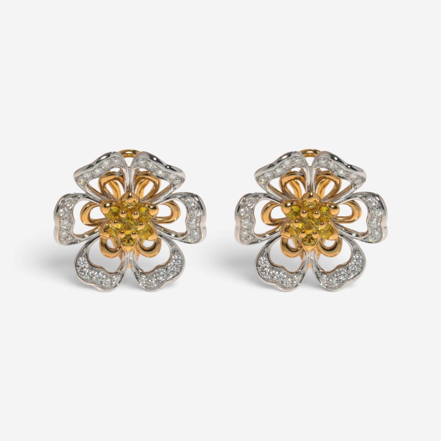 Luca Carati 18K Rose & White Gold Yellow Sapphire & Diamond Flower Earrings 0483