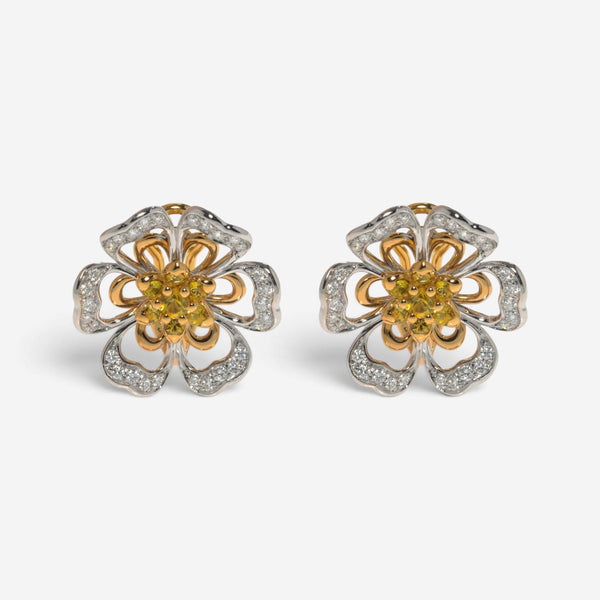 Luca Carati 18K Rose & White Gold Yellow Sapphire & Diamond Flower Earrings 0483