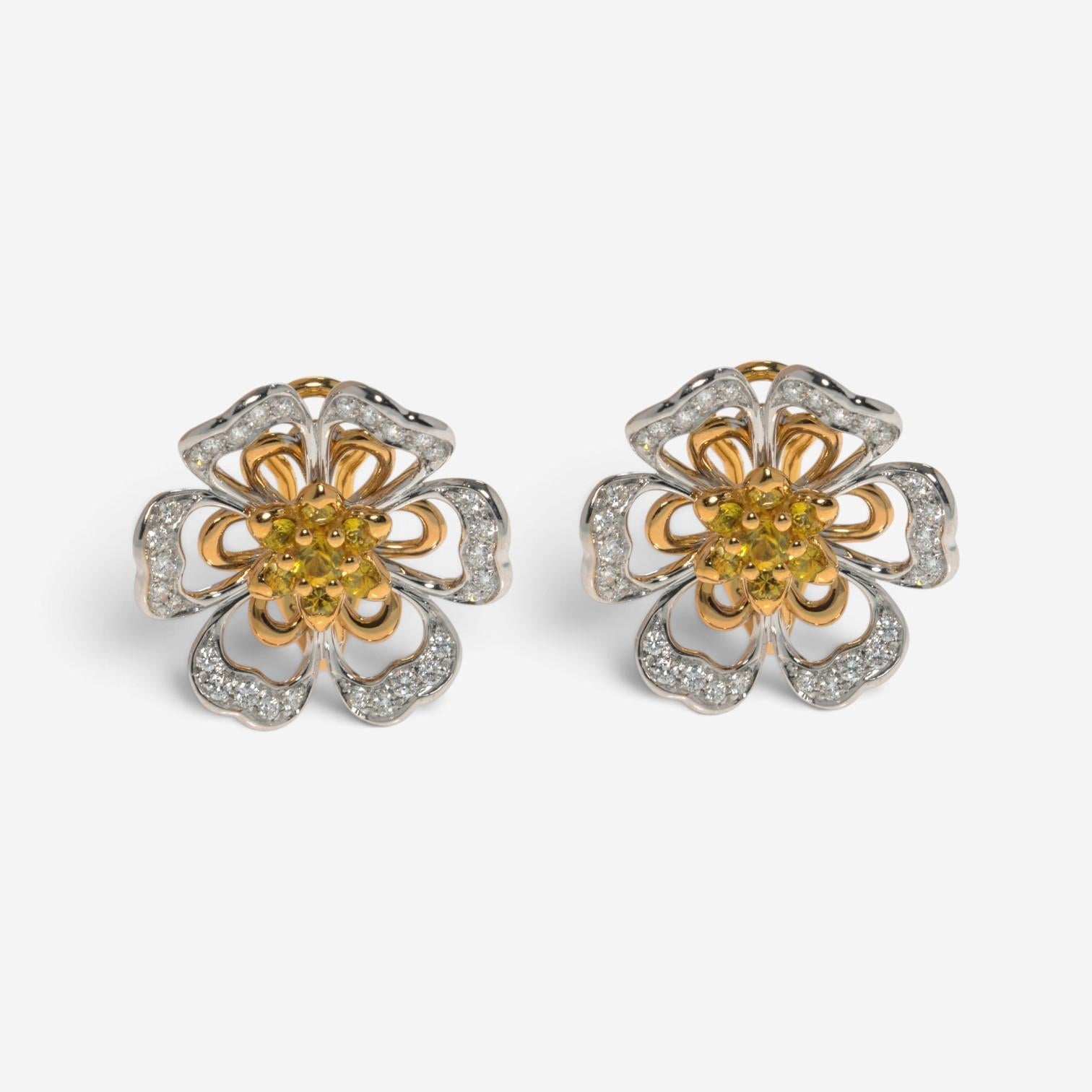 Luca Carati 18K Rose & White Gold Yellow Sapphire & Diamond Flower Earrings 0483