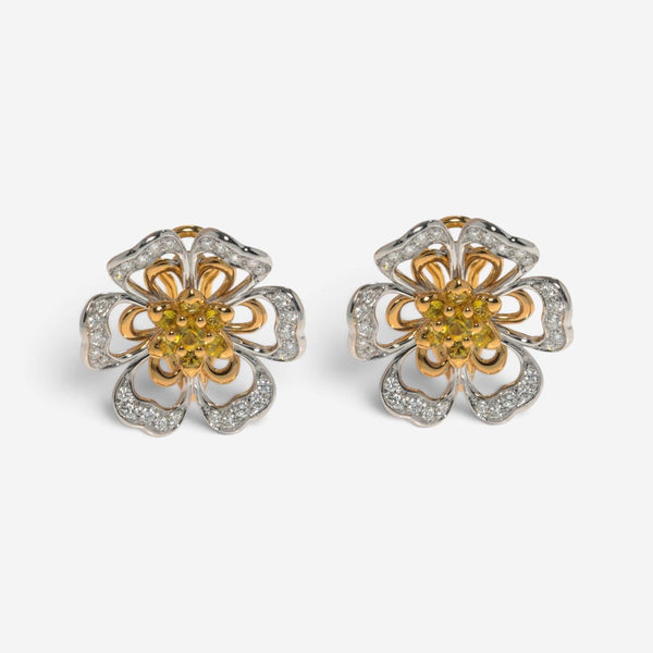 Luca Carati 18K Rose & White Gold Yellow Sapphire & Diamond Flower Earrings 0483
