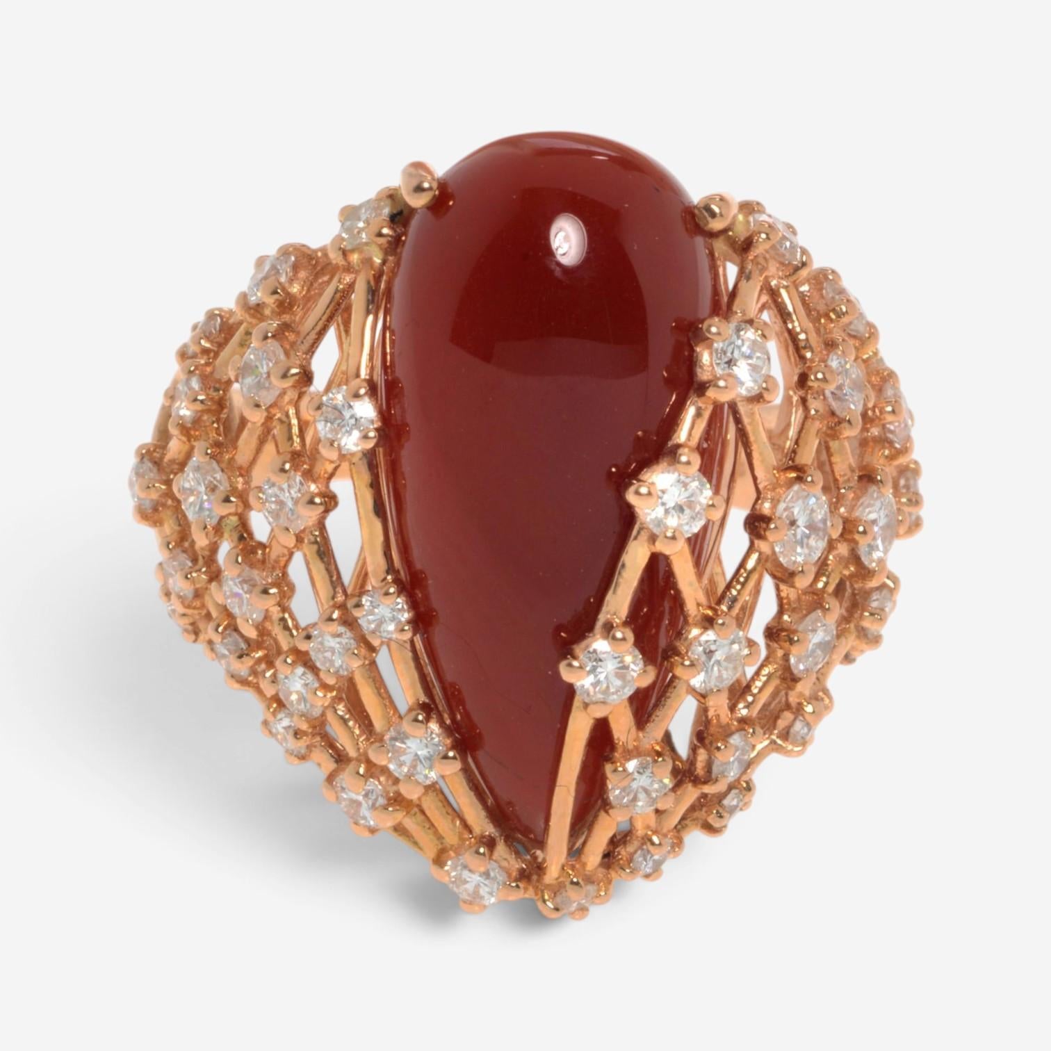 Luca Carati 18K Rose Gold Red Agate Gemstone & Diamond Ring Sz. 7.75 048324