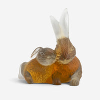 Daum Chinese Zodiac Rabbits Amber & Gray Crystal Sculpture 05131