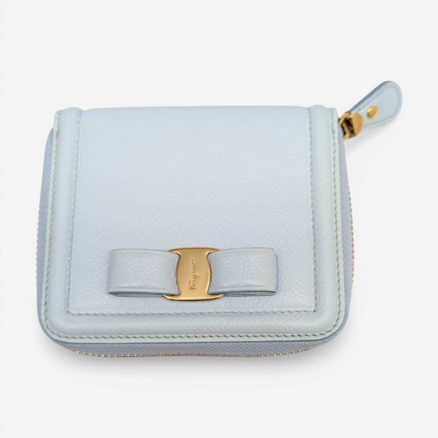 Salvatore Ferragamo Vara 683545 Light Blue Leather Compact Wallet MSRP $595 - THE SOLIST